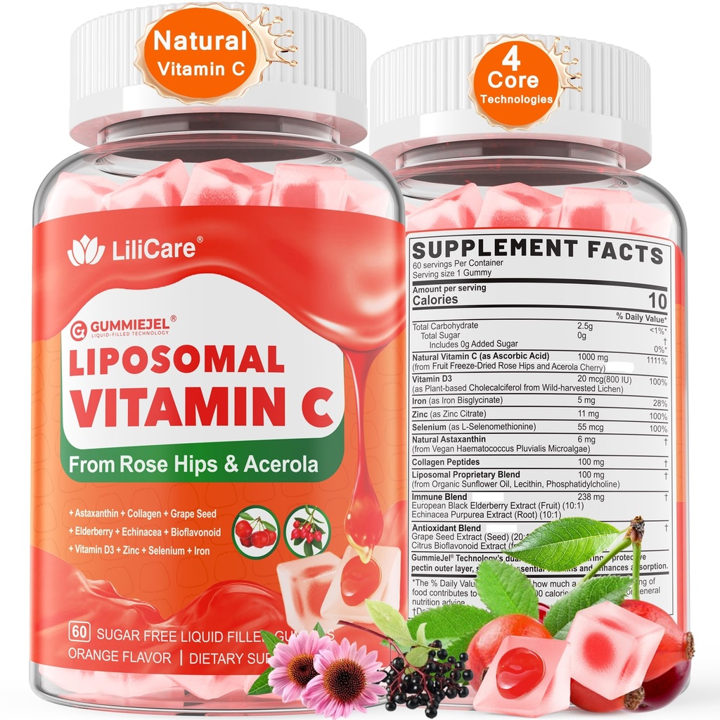Vitamina Liposómica Natural C 1000mg Gummies para Adultos Niños 9+, 1660mg Vitamina Chewable C w/ 11mg Zinc, D3, Elderberry, Echinacea, Bioflavonoide, Immune Support - Organic VIT C from Fruits, Sugar Free