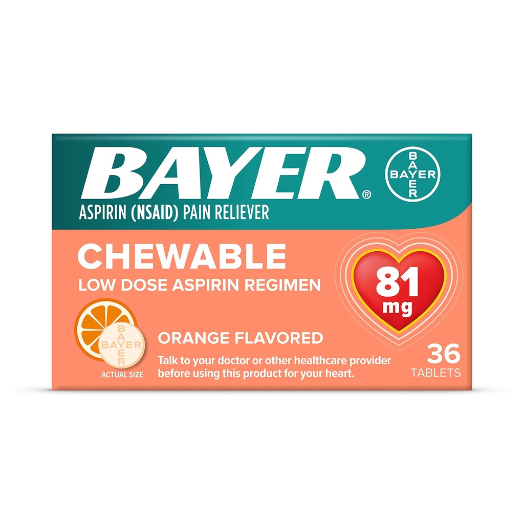 Bayer Chewable Low Dose Aspirin 81 mg Tablets 36 Count Orange, Pack of 6
