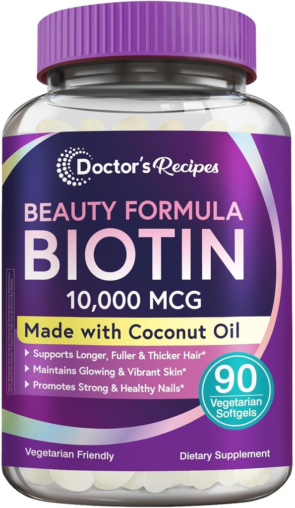 Recetas del médico Biotina 10.000 mcg, Crecimiento del cabello, Esquí saludable " uñas, Metabolismo energético, Biotina vegetariana-final, con aceite de coco, No GMO, Suministro de 3 meses, 90 Softgeles vegetarianos