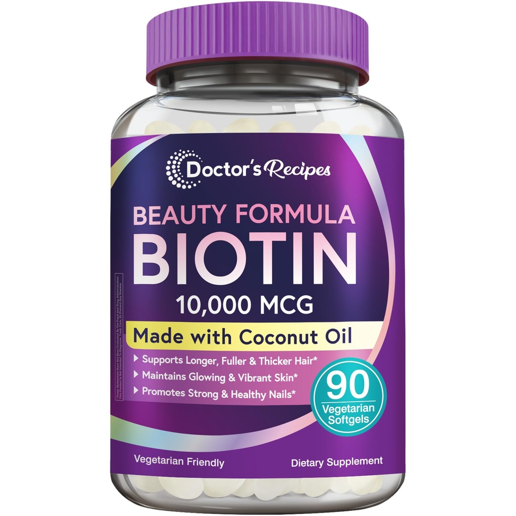 Recetas del médico Biotina 10.000 mcg, Crecimiento del cabello, Esquí saludable " uñas, Metabolismo energético, Biotina vegetariana-final, con aceite de coco, No GMO, Suministro de 3 meses, 90 Softgeles vegetarianos