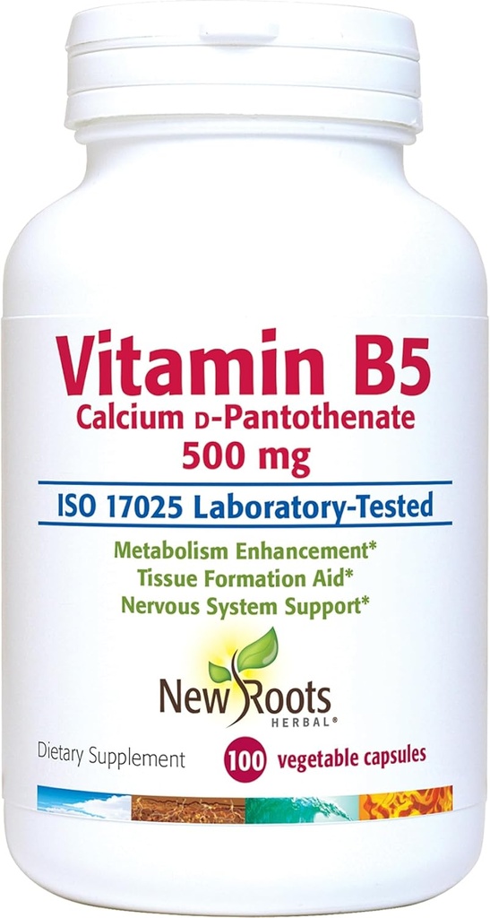 NUEVAS ROOTS HERBAL Vitamina B5 (500mg) con Calcio TENIDO Vitamina B5 Suplemento de ácido pantoténico (100 cápsulas)