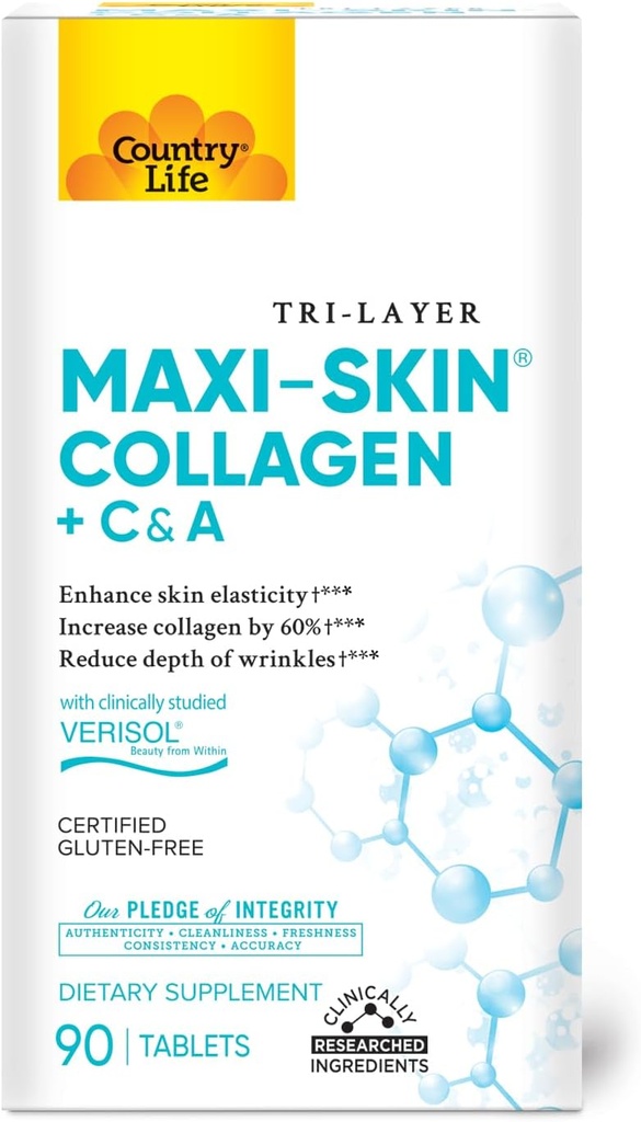 Country Life Verisol Collagen Peptides Tablets - Reducir la profundidad de W[KB2] rinkles &amp; Enhance Skin Elasticity-90 Tablets-Includes Vitamin A implicaC - Collagen Powder for Women &amp; Men - Boost Skin Collagen by 60%