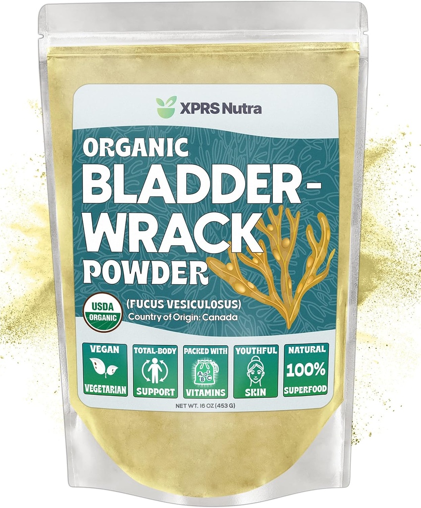 XPRS Nutra Organic Bladderwrack Powder (Fucus Vesiculosus) - Premium Bladderwrack Organic Powder for Glowing Skin - Vegan Friendly Bladderwrack Herb Iodine Supplement (16 Ounce)