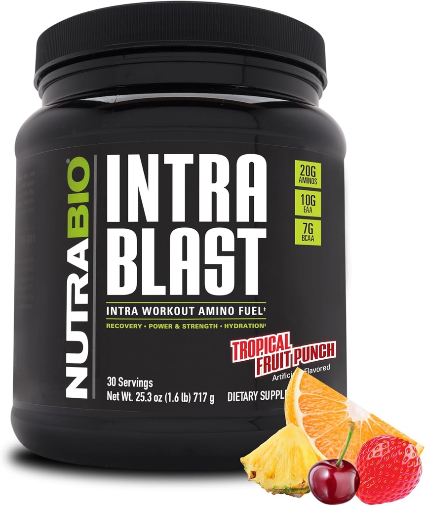 NutraBio Intra Blast Bcaa Powder Amino Amino Acid Suplemento, Electrolyte & Hydration Blend, Intra, Pre Workout &amp; Muscle Recovery, 20g Eaa Amino Acids Powder, 5g Glutamine- Tropical Fruit Punch, 30 Serving