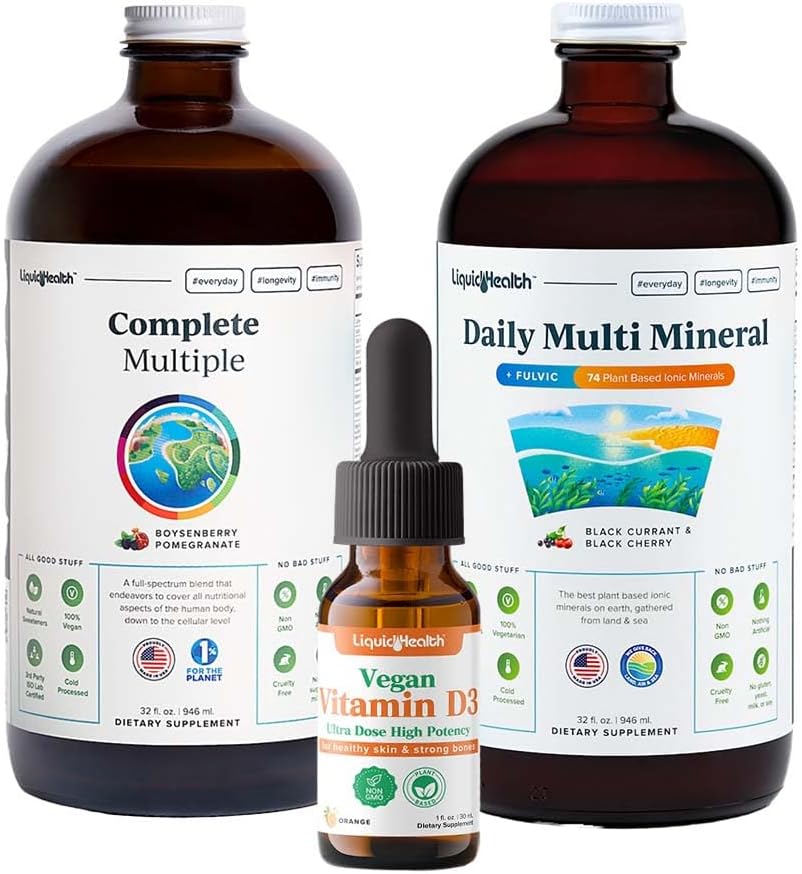 LIQUIDHEALTH Ultra Immunity Liquid Vitamin Bundle for Adults with Complete Multivitamin, Daily Multi Minerals and Vegan Vitamin D3 Drops - Immune Support Vitaminas, Whole Foods, Vegan, Non GMO