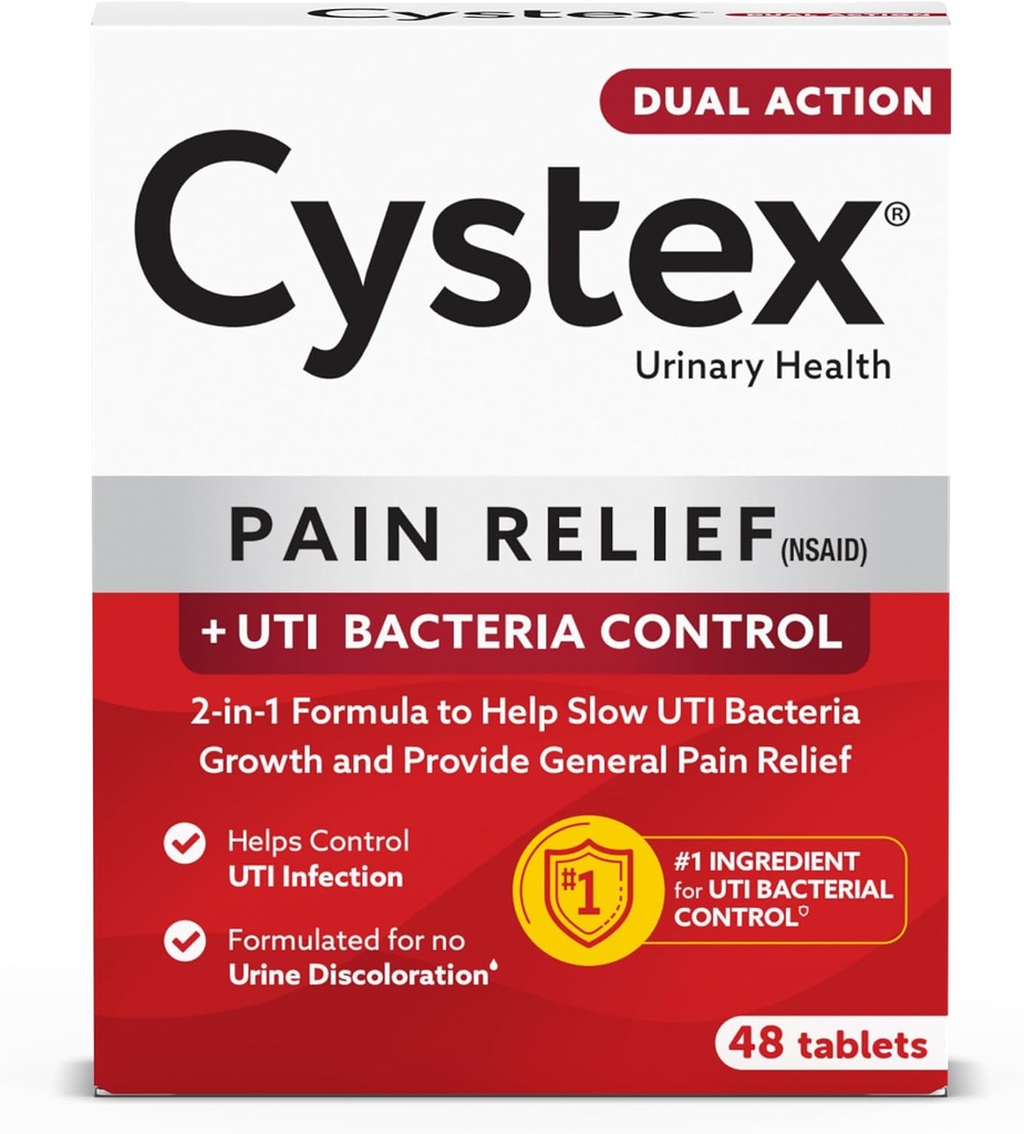 Cystex Dual-Action UTI Doin Relief & Prevention Tablets - 2-in-1 Fórmula Alimenta el malestar " Slows Bacterial Growth - Non-Staining - 48-Count