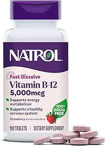 Natrol Vitamina B12 Tablas de disuelto rápido, promueve la energía, apoya un sistema nervioso saludable, fuerza máxima, sabor a frambuesa, 5,000mcg, 100 cuenta (Pack of 2)