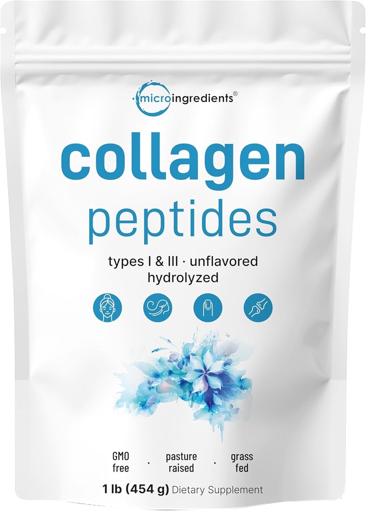 Micro Ingredientes Bovine Collagen Peptides Powder, 1lb tención Tipo I & III + Natural Protein ← Grass-Fed Bovine Source ← Inflavored  Apoya la piel, la salud conjunta de los huesos Silencioso, No GMO