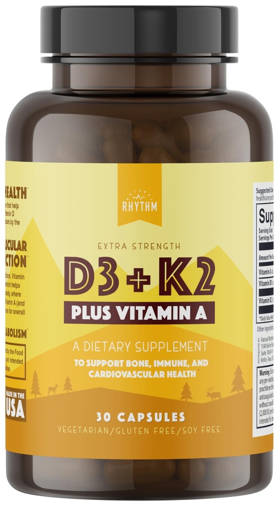 Ritmo natural Vitamina D3 + K2 (MK7) Plus Vitamina A, por Hueso, Corazón, &amp; Salud Inmune, 30 cápsulas
