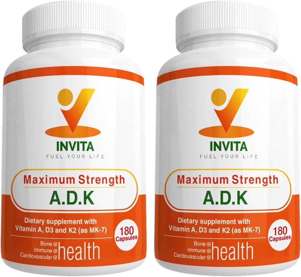 INVITA ADK - Vitaminas A1, Vitamina D3 5000 UI & K2 MK7 Suplemento - Physician Formulated Bone &amp; Immune System Support - Gluten Free, Non-GMO - 180 Vegetarian Capsules for Men &amp; Women