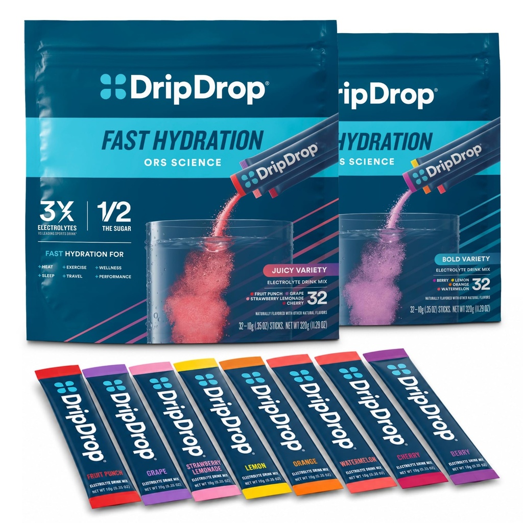DripDrop Hydration - Electrolyte Powder Packets - Watermelon, Berry, Lemon, Orange, Fruit Punch, Grape, Strawberry Lemonade, Cherry - 64 Cuenta