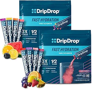 DripDrop Hydration - Electrolyte Powder Packets - Watermelon, Berry, Lemon, Orange, Fruit Punch, Grape, Strawberry Lemonade, Cherry - 64 Cuenta