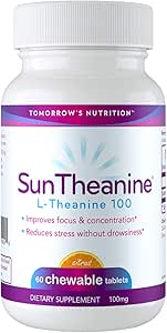 Nutrición de mañana - SunTheanine L-Theanine, 100mg Tablas para ayudar a la concentración, el foco y el estrés, 60 Tablas Chewable