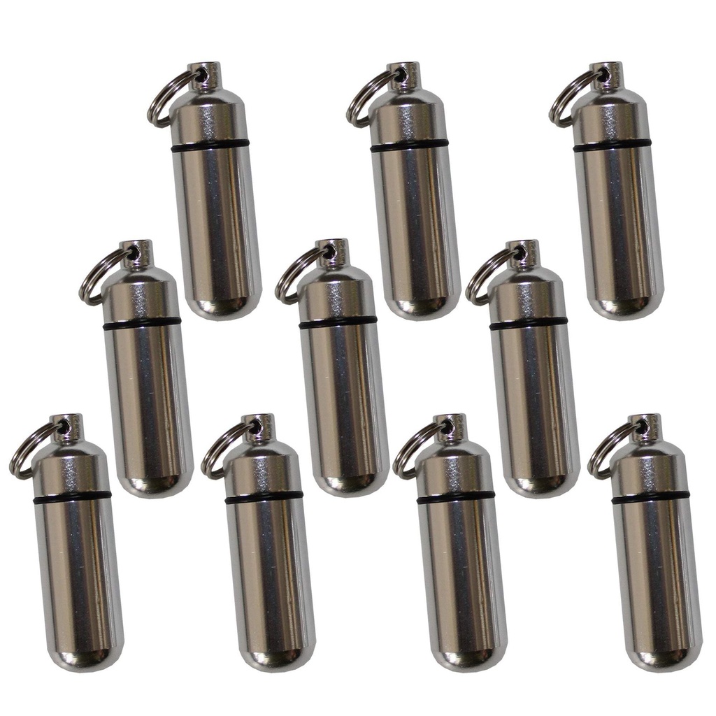 Sluice Fox 10 Pack Aluminum Pill Shape Case Keychain ID Holder Pet Ashes Urn Silver Metal