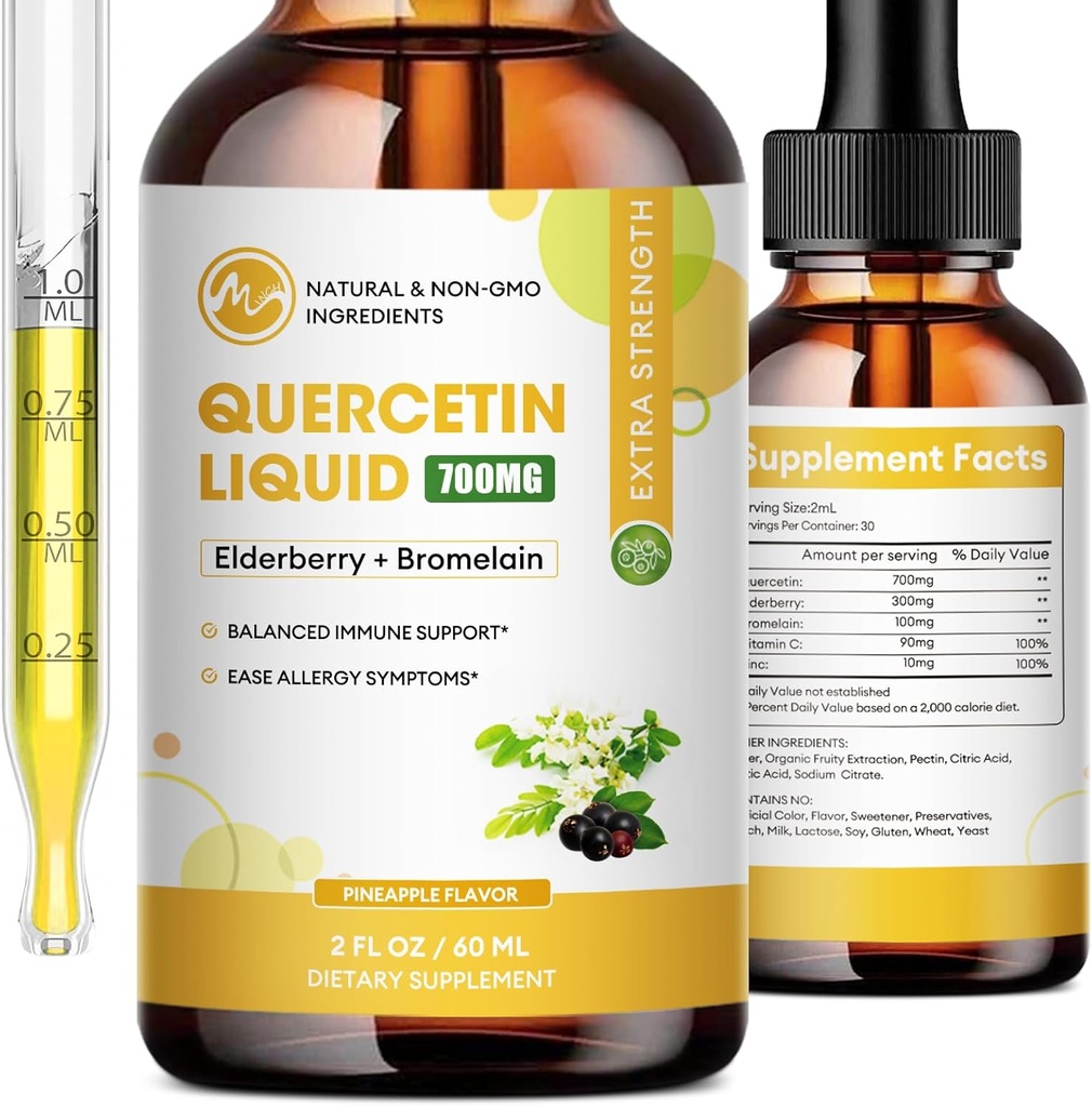 (2 Pack) Quercetin Liquid Drops - Quercetin Supplements 700mg - 4X Stronger Than Pills " Capsules - 5 in 1 Quercetin with Bromelain Elderberry Vitamin for Immunity Respiratory Wellness- 2 Fl Oz*2