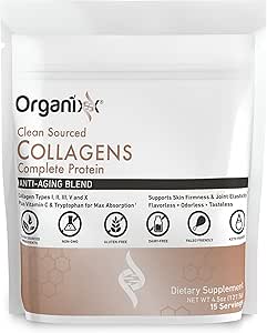 Organixx Collagen Peptides Polvo con vitamina C, Tipos I, II, III, V, X Collagen hidrolizado, Pelo, Nail, Skin, Bone & Joint Health, Aging Support, Clean Sourced, Gluten Free, Unflavored, 15 Servings