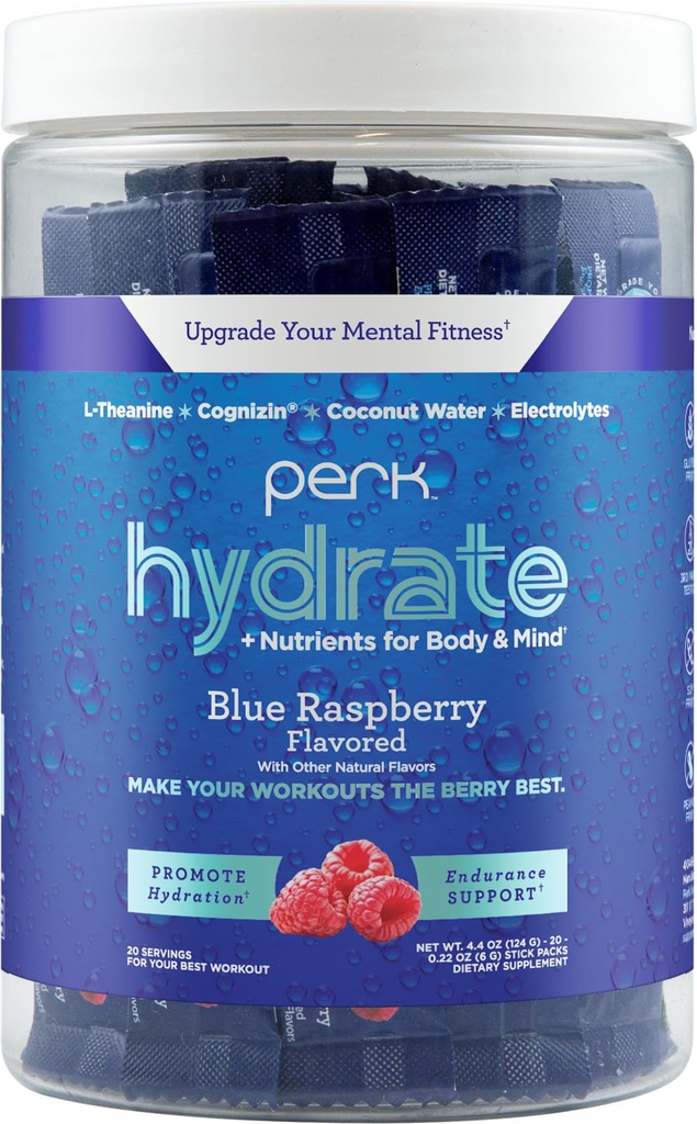 Perk Hydrate Electrolyte Stickpacks (Blue Raspberry) 20 Packets - Coconut Water, CDP-Choline, L-Theanine, Gluten-Free, Keto Friendly, Vegan