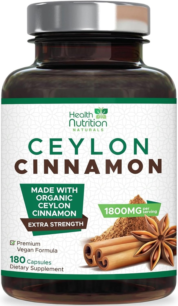 Ceylon Cinnamon Capsules 1800mg - Certified Organic Ceylon Cinnamon Powder Suplemento, Bottled in USA, Extra Strength Energy & Heart Support Pills, Non-GMO & Gluten Free, Sugar Free - 180 cápsulas