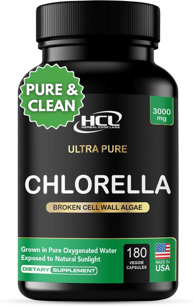 Chlorella Capsules 3000 mg - Muro Célula Cracked Azul Algae Suplemento - Best Natural Detox Cleanse - Vitaminas Minerales Clorofila Píldoras de pólvora de proteína vegana - Hecho en EE.UU.
