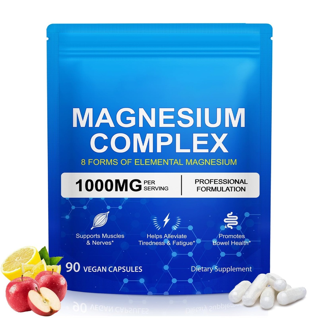 8-in-1 Magnesium Complex 90 Capsules, 1000mg with Magnesium Glycinate, Citrate, Malate, Taurate, Easy Absorption for Health, Energy, Non-GMO, Vegan