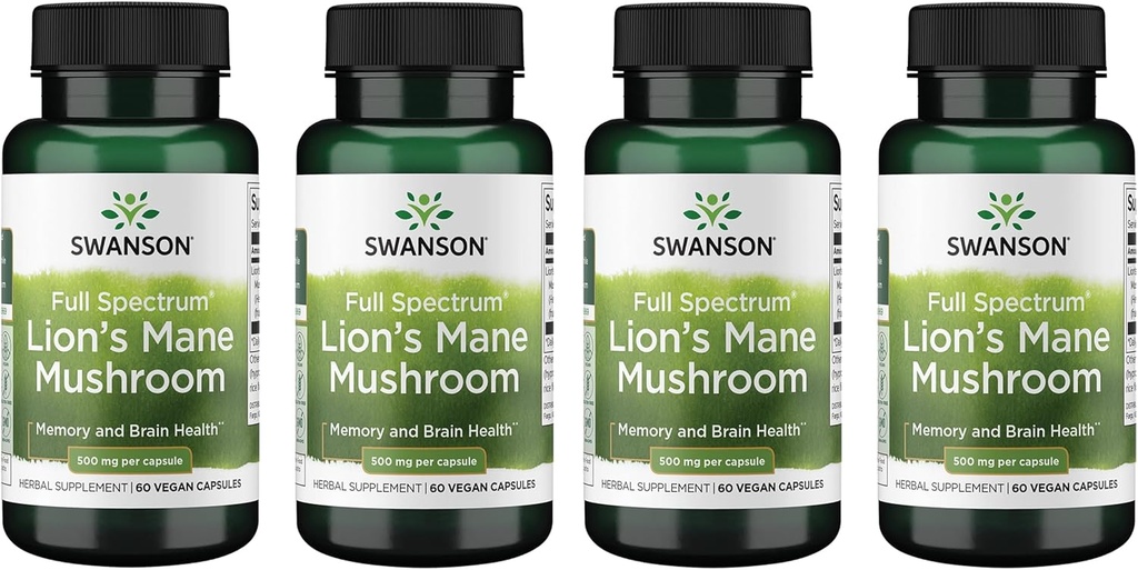 Swanson Full Spectrum Lion's Mane Mushroom - Brain Health Supplement to Support Memory, Focus & Clarity* - May Also Aid Immune, Heart & Digestive Health - Gluten-Free < Non-GMO - 60 cápsulas (4 Pack)