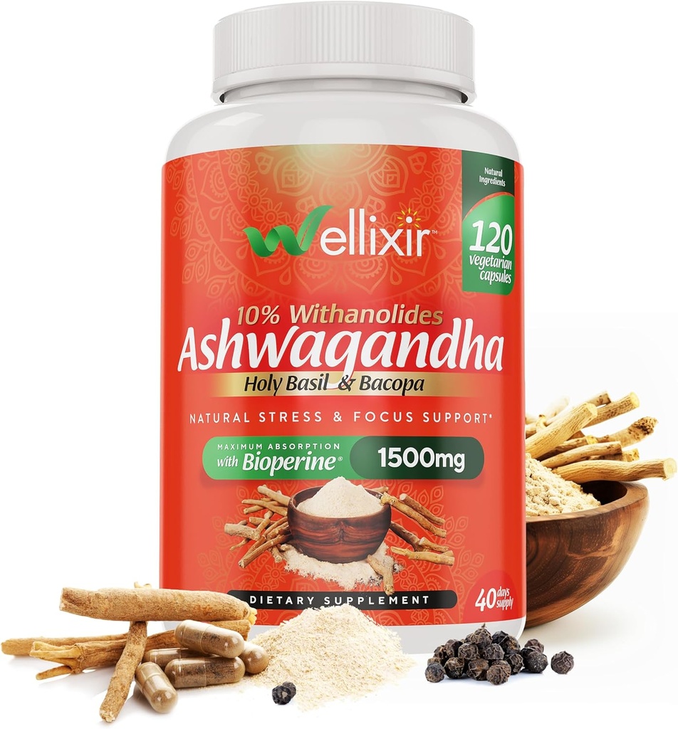 Cápsulas de Ashwagandha - 10% de Withanolides, Extracto de Polvo Root, Suplemento Herbal para ayudar a apoyar un alivio de estrés natural, sueño, foco - 1500mg, para hombres y mujeres -120 cuenta