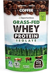 Opportuniteas Café Whey Protein Powder - Baja Carb & Keto Friendly - Grass Fed Whey Isolate + Café colombiano - 60 mg Caffeine for Energy - Pre o Post Workout Drink Mix, Latte, Shake &amp; Smoothie 1lb