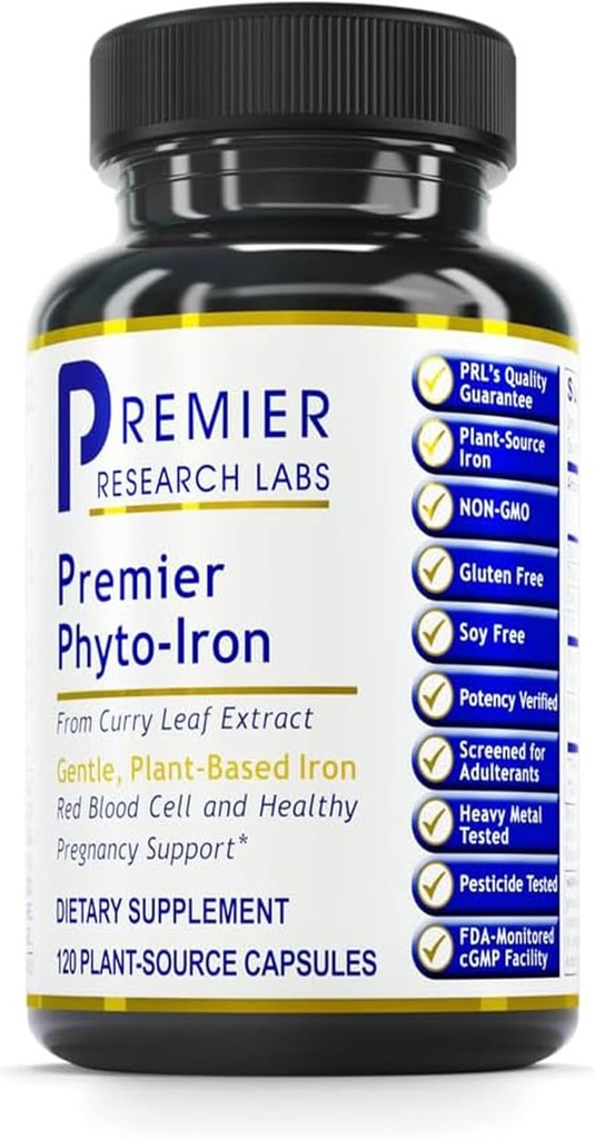 Laboratorios de Investigación Premier Phyto-Iron - Hierro con base vegetal para hombres " Mujeres para el apoyo a la sangre, Suplemento de hojas de curry, Suplementos de hierro, Hierro no hemo, 18 mg de hierro por ser - 120 cápsulas vegetarianas