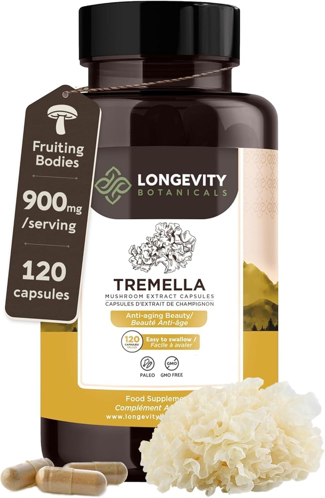 Orgánica Tremella Mushroom Capsules Suplemento (120) ← Fruiting Body 10:1 High Strength Snow Fungus Extract ← 10% Beta-D Glucans TEN 9,000mg Raw Equivalent Por Serving ¦ Skin Hydration &amp; Brain Support