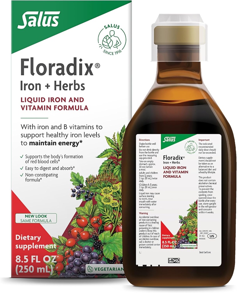 Floradix Iron &amp; Herbs - Suplemento Herbal Líquido de Apoyo Energético - Suplemento Hierro con Complejo Vitamina C &amp; Vitamina B - para Hombres &amp; Mujeres - 8,5 fl oz