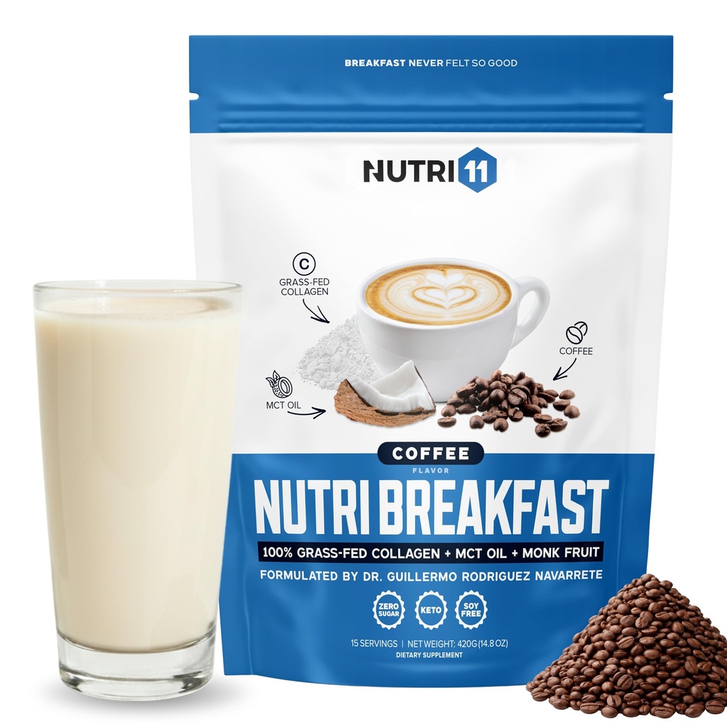 Nutri11 NutriBreakfast by Nutrillermo/Keto Protein Collagen Powder with MCT Oil/MCT Oil Powder/Keto Collagen Peptides with Grass-Fed Bovine Collagen Type I & III (15.9, Coffee)