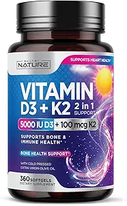 Construido por Nature Vitamin D3 K2 con aceite de oliva virgen extra prensado frío – 5000 UI Vitamina D, 100mcg Vitamina K MK-7 Suplemento – Easy to Swallow Mini Soft Gels - 1 año de suministro - 360 Softgels