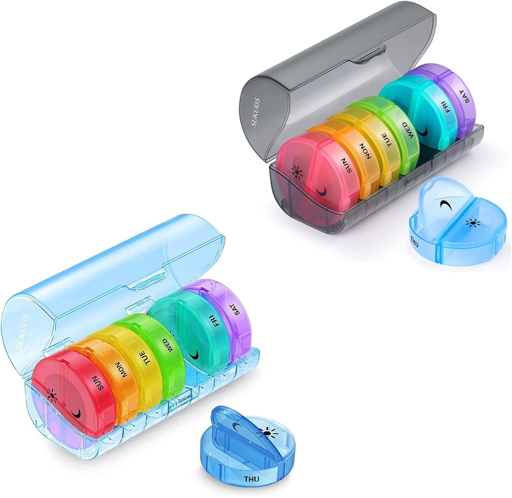 2 Pack organizador semanal de píldoras 7 días 2 veces al día, Sukuos Grandes cajas de píldoras diarias para píldoras/Vitamin/Fish Oil/Supplements
