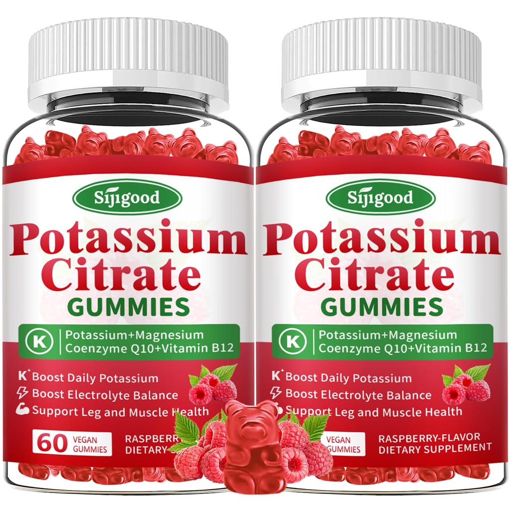 2 Pack Potassium Citrate Gummies – Suplemento de potasio para la salud muscular, alivio de cáñamo de pierna " equilibrio de electrolitos, vegano, no transgénico, libre de gluten, sabor de frambuesa, 120 Conde