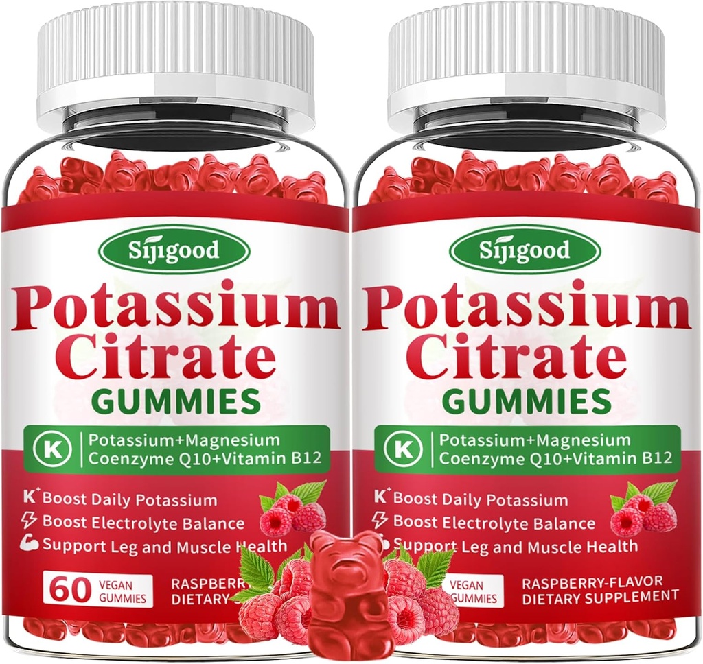 2 Pack Potassium Citrate Gummies – Suplemento de potasio para la salud muscular, alivio de cáñamo de pierna " equilibrio de electrolitos, vegano, no transgénico, libre de gluten, sabor de frambuesa, 120 Conde