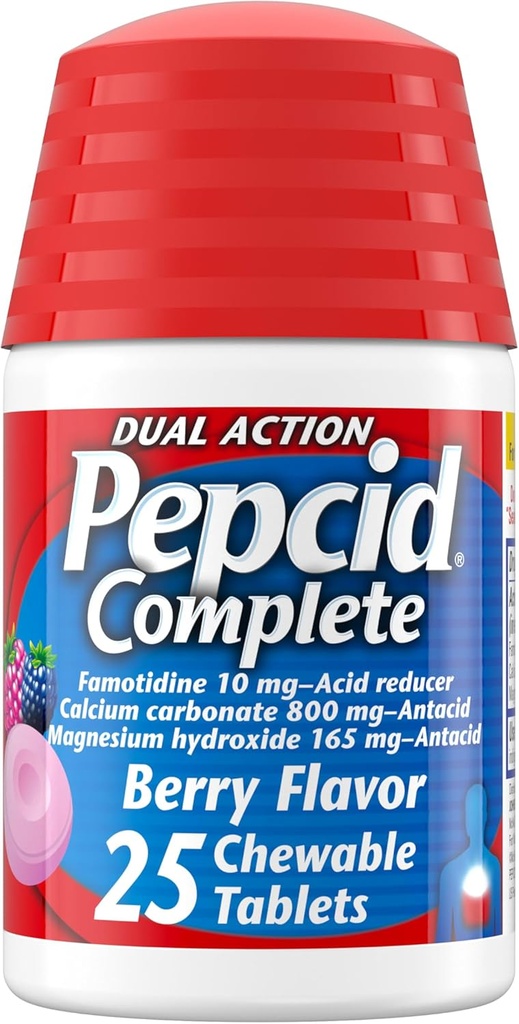 Pepcid Reductor completo de ácido + antiácido para el reflujo ácido, 10 mg de Famotidina, 800 mg de carbonato de calcio & 165 mg Hidroxido de magnesio por tableta de medicina de acidez, cerdas de ácido, Berry, 25 ct