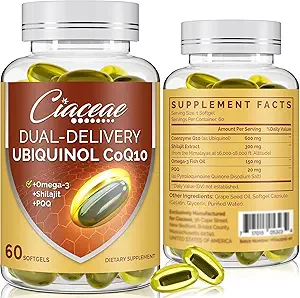Ubiquinol CoQ10 600 MG Softgels con Omega-3 " Shilajit " PQQ, Coenzyme-Q10 avanzado, Active CoQ10 Ubiquinol Suplemento para Fertilidad, Antioxidante, Corazón, Cerebro &amp; Energía, 120 Servimientos