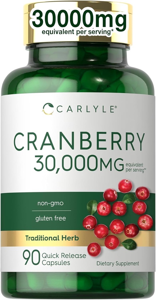 Carlyle Cranberry Suplemento TENIDO 30,000mg ANTE 90 cápsulas TENIDO NO GMO Y Fórmula Libre Gluten