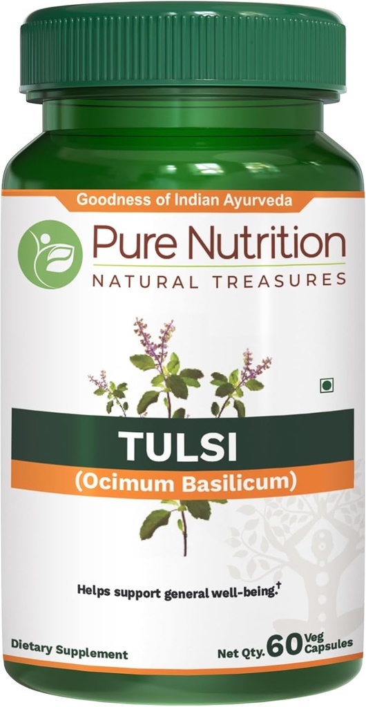Pure Nutriton Tulsi Extract 708mg - 60 Caps (Extract Equiv. to 2585mg Basil Leaf Powder) with Eugenols and Ursolic Acid TEN 60 Veg Caps TEN NO GMO TENIDO Once Daily Silencio 60 Days Supply.
