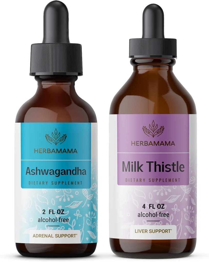 HerbAMAMA Herbal Liquid Drops Kit - Bundle of Ashwagandha Root Tincture 2 fl oz " Milk Thistle Extract 4 fl oz - Vegan, Non-GMO, Sugar " Alcohol-Free - 2 Pack