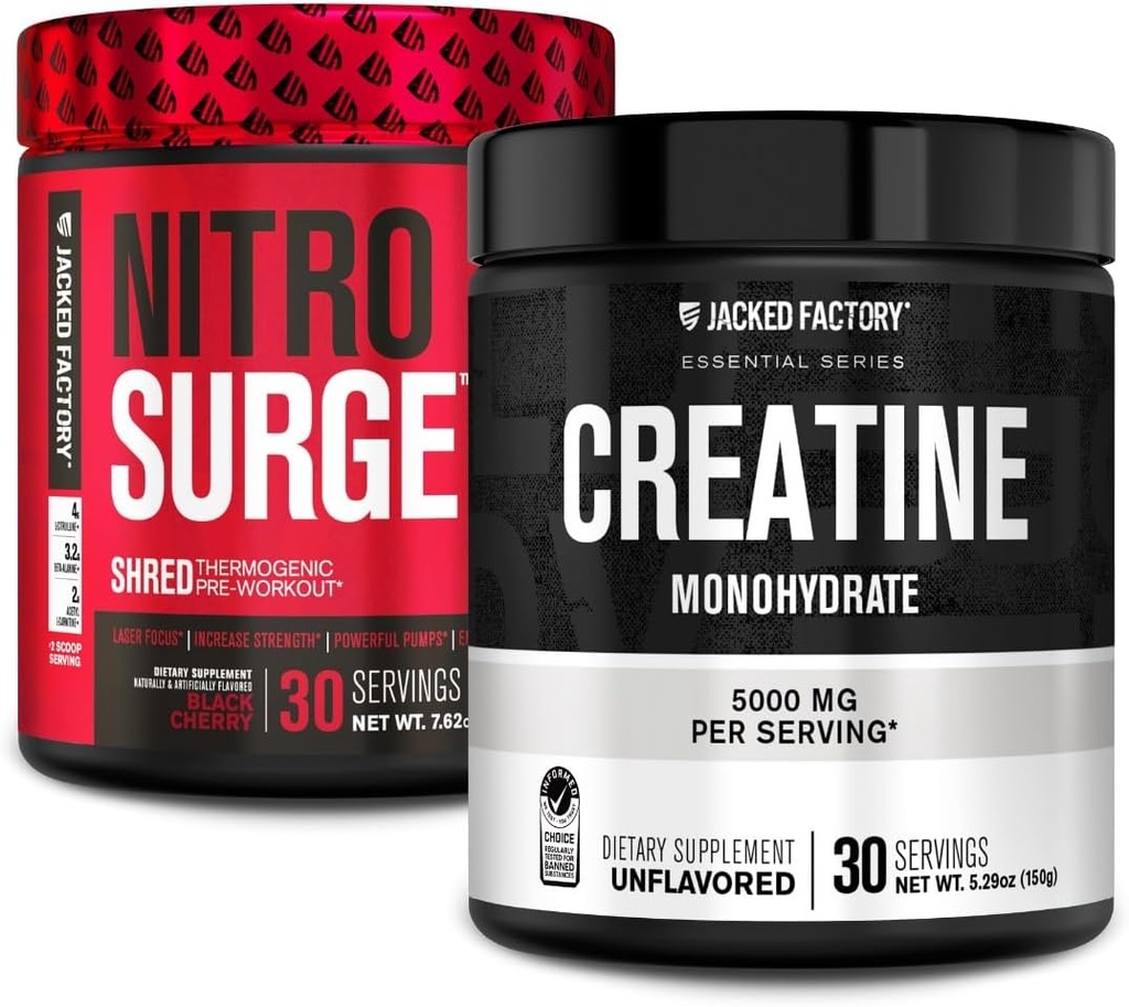 Fábrica de Jacked NITROSURGE Suplemento de Pre Workout (Black Cherry, 30 Servings) &amp; Creatine Monohydrate Powder (Unflavored, 30 Servings)