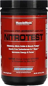 MuscleMeds Nitrotest Pre-Workout Supplement Drink, Boost Nitric Oxide, Testosterone, Blue Raspberry, 30 Serving, 1.04 Libra, 1 Conde