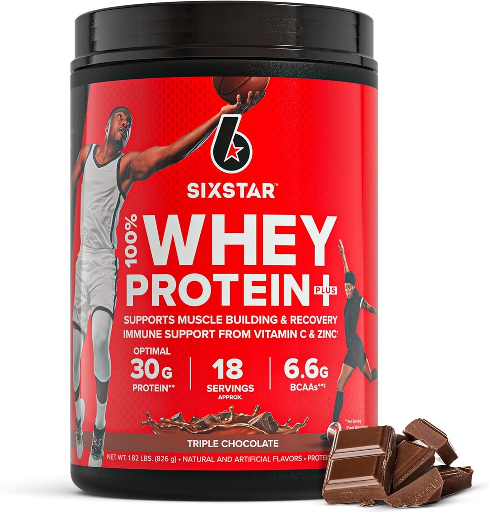 Six Star Whey Protein Powder Plus - Muscle Building &amp; Recovery Fórmula con Whey Isolate Powder, BCAAs, 30g Protein, Immune Support - Post-Workout Suplemento - Triple Chocolate, 1.8 lbs