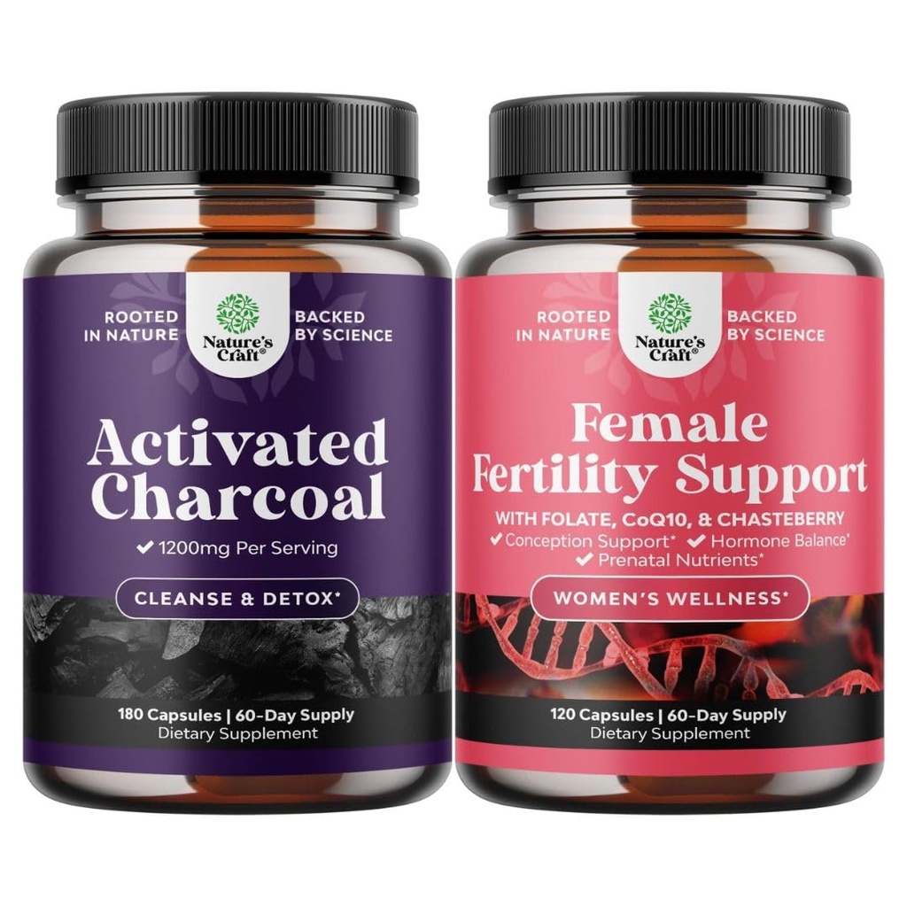 Bundle of Activated Charcoal Pills Detox & Cleanse - Purifying Coconut Capsules with 1200 mg Per Serving for Bloating Relief and Fertility Supplement Prenatal Multivitamins - Female Fertility Support