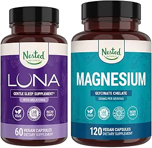 Naturales anidados Luna Sleep Aid &amp; Magnesium Glycinate Chelate for Sleep, Relaxation, & Recuperación (180 cápsulas)