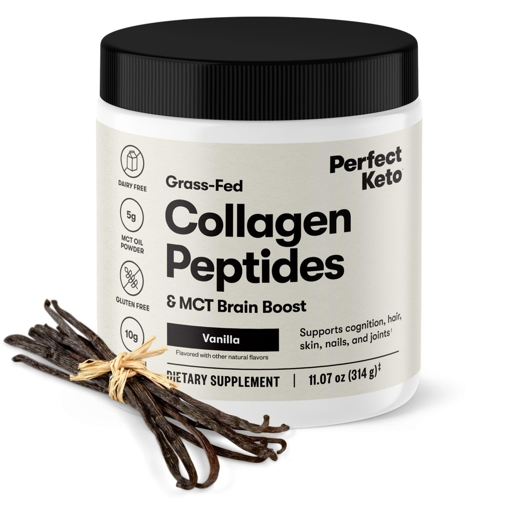 Perfect Keto Collagen Peptides Protein Powder con MCT Oil, Grass Fed, Hydrolyzed Collagen, Tipo I & III Suplemento Keto Coffee Creamer, Vanilla
