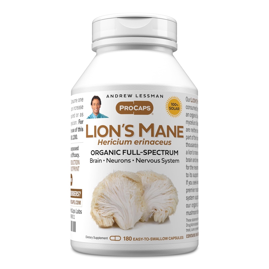 ANDREW LESSMAN Lion’s Mane 180 Capsules - Organic Full Spectrum Lion’s Mane Mushroom Extract - Supports Healthy Brain, Cognitive, and Nervous System Function - No Additives.