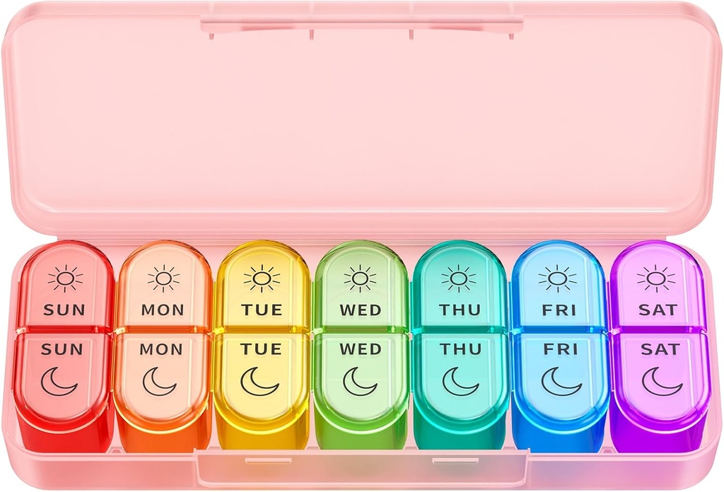 Organizador semanal de píldoras 2 veces al día - AM PM Organizador de píldoras con 7 casos diarios de color pequeños, cajas de carga de mañana y noche para vitaminas, medicinas, " suplementos