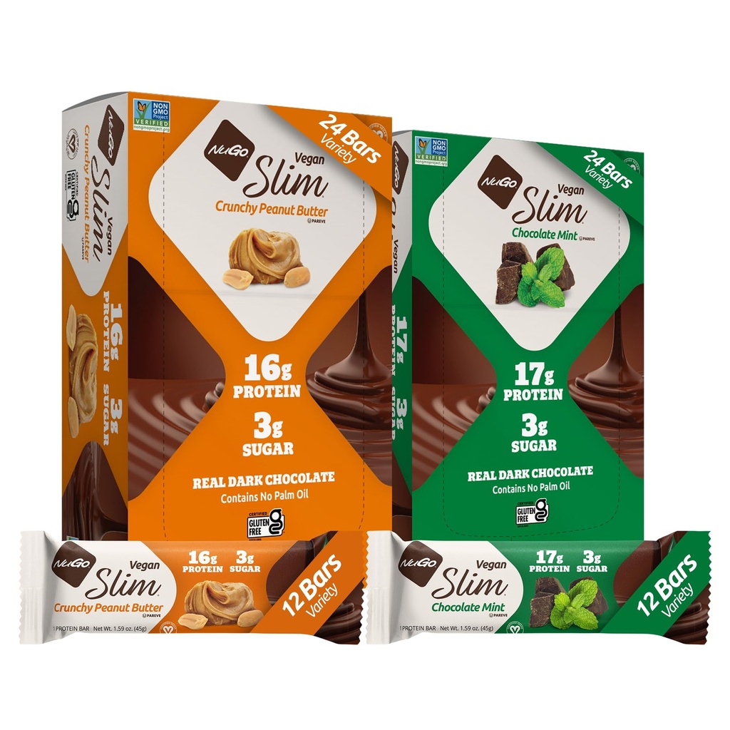 NuGo Slim Vegan Variety - Crunchy Peanut Butter 12 bars &amp; Chocolate Mint 12 bars, Low Net Carb, Keto Friendly, 16-17g Plant Based Protein, Gluten Free, 24 count