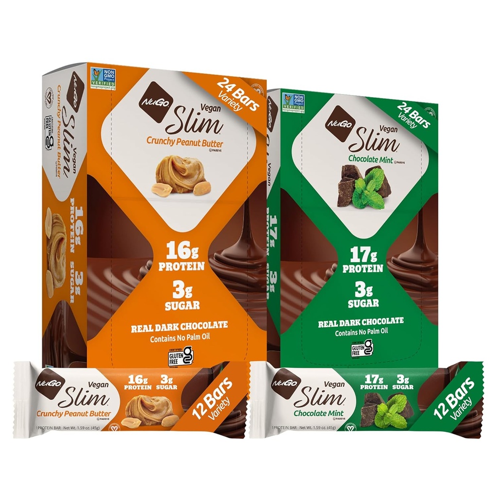 NuGo Slim Vegan Variety - Crunchy Peanut Butter 12 bars &amp; Chocolate Mint 12 bars, Low Net Carb, Keto Friendly, 16-17g Plant Based Protein, Gluten Free, 24 count
